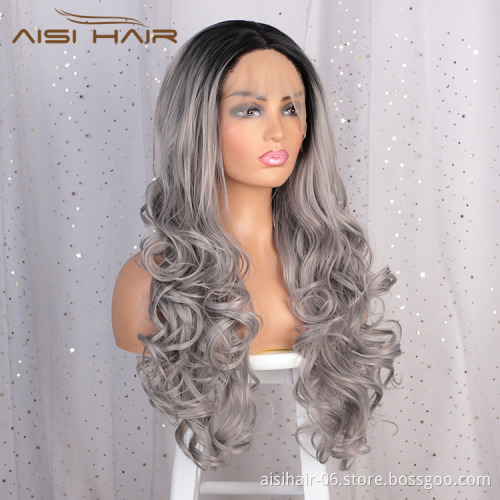 Aisi Hair Cosplay Synthetic Ombre Gray Dark Root Wig Long Wavy Swiss Lace Wig Body Wave Lace Frontal Hair Wigs For Black Women